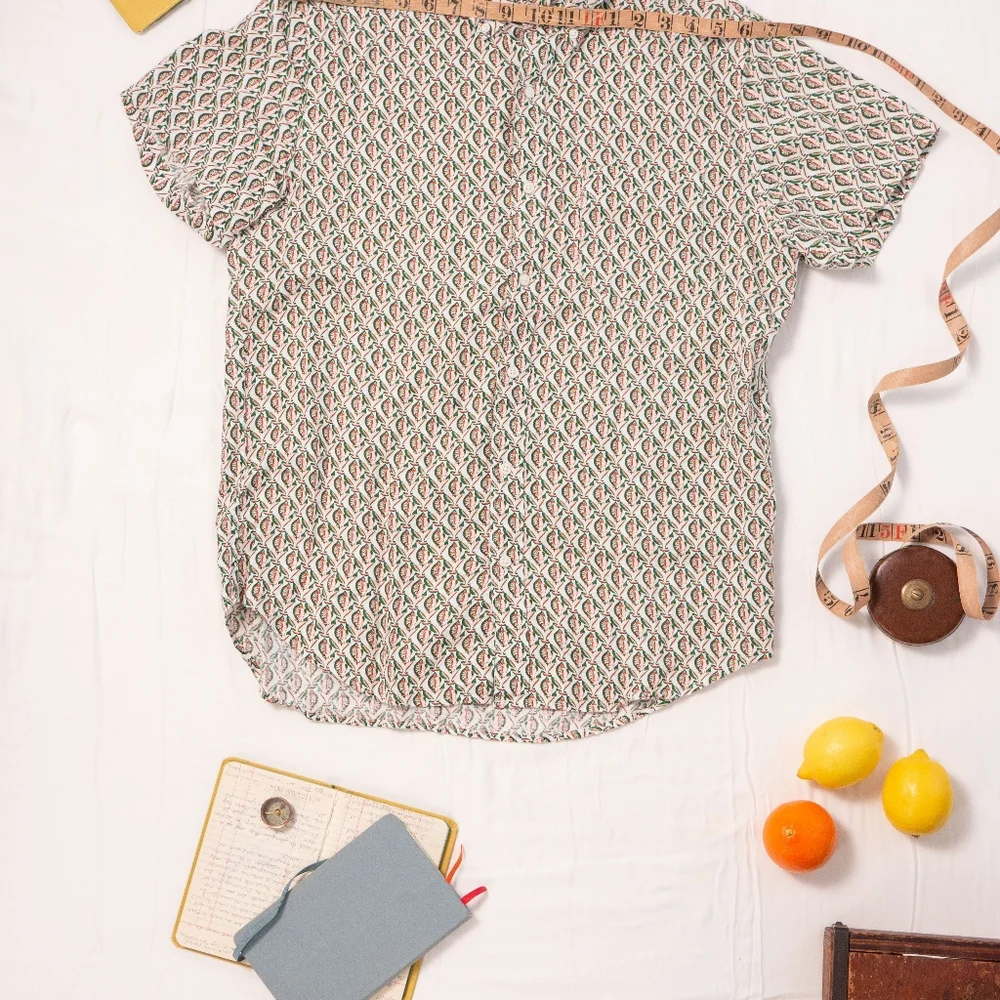 J. Crew Short Sleeve Button-Down Shirt in Cream with Green and Brown Print